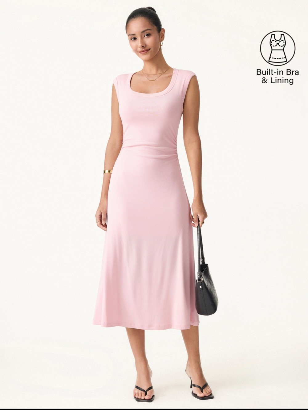 Scoop Neck Side Ruched New Airy Bra Midi Dress